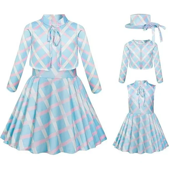 NWT Barbie Movie Pink Cowboy Blue Plaid Gold Jumpsuit Girls Halloween Co… - Picture 6 of 15